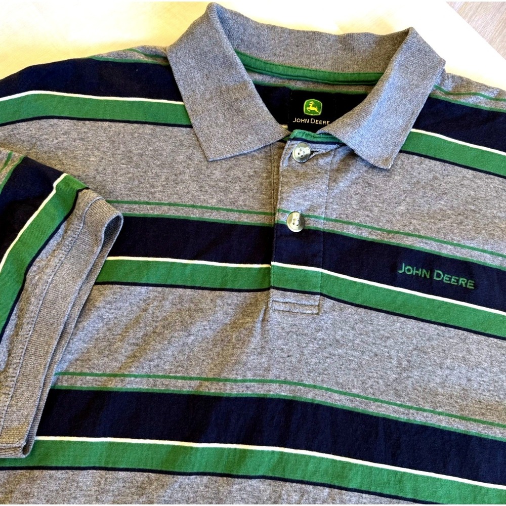 John Deere Polo Shirt Mens XL Gray Blue Green Striped Cotton‎ Short Sleeve Logo